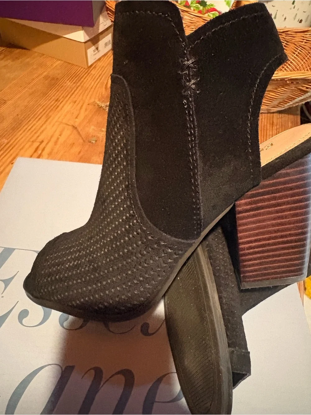 Essex Lane Black Suede Perforated Peep-Toe Block Heel Booties